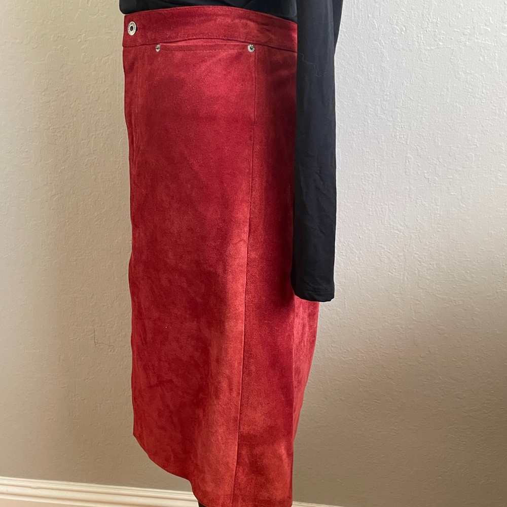 Vintage GAP Y2K Grunge Brick Red Suede Leather Midi Skirt Size 6 - Picture 4 of 8